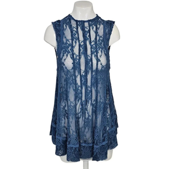 Free People Women's Sheer Lace Sleeveless Blouse Size XS Blue Keyhole Back Tunic - Picture 1 of 8